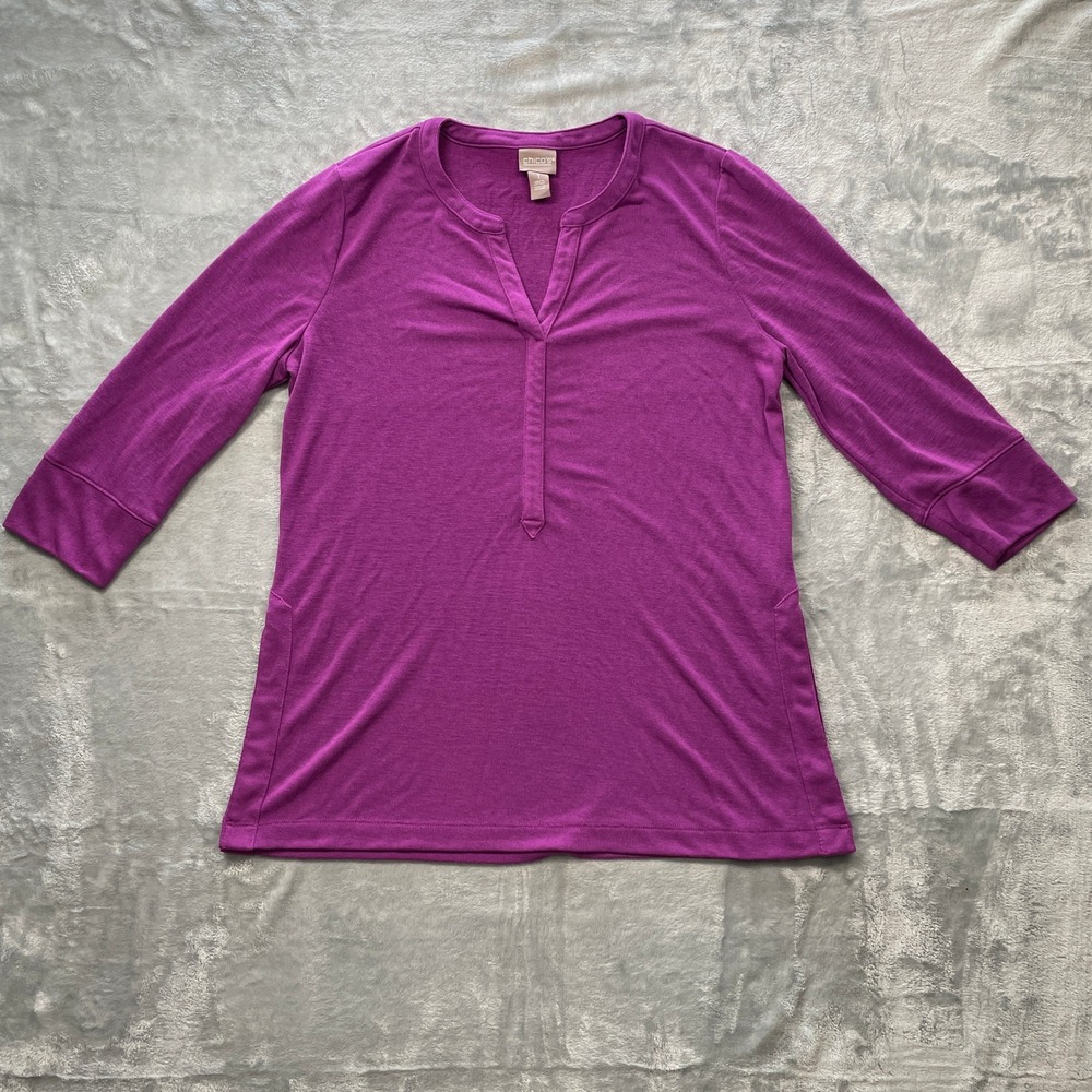 Chicos Purple‎ V Neck 3/4 Sleeve Tunic Top Women Size 1 Rayon Polyester Blend